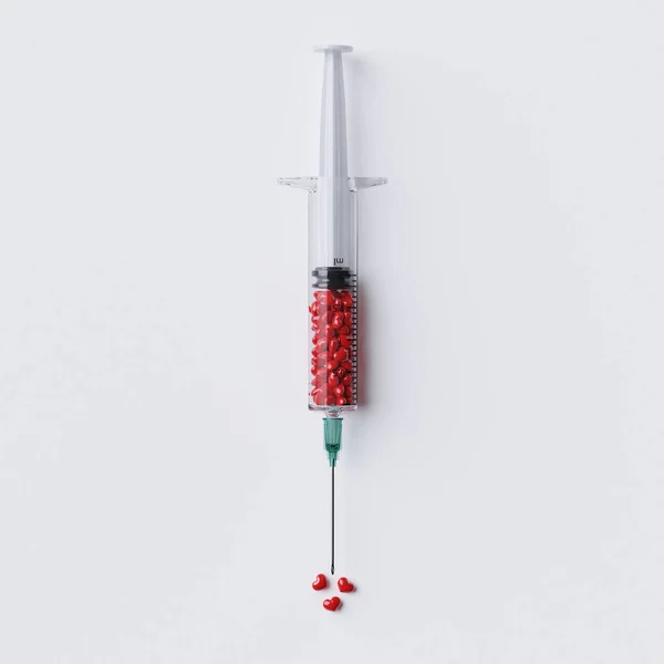 Syringe Small Red Hearts Shape Full Medicine Tablet Pills Affection — Zdjęcie stockowe