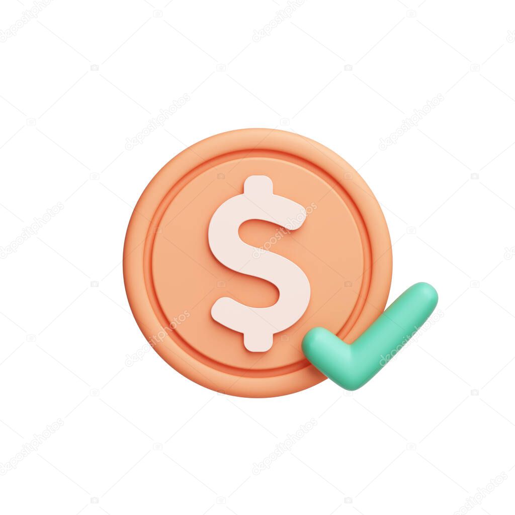 money coin check mark object. financial profit income and business. Icon symbol Currency and Exchange US Dollars Banking such as money transfers or online shopping. clipping path. 3D illustration.