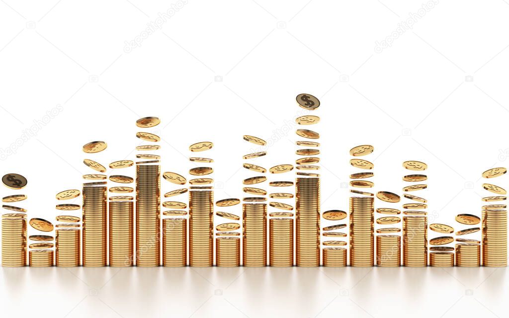 Money gold coins shape sound wave rhythm concept. Stacked into vertical layers and long rows on white background. Strategic of investment economy and business. clipping path. 3D Illustration.