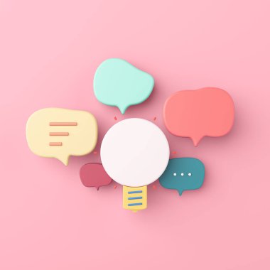 conversation inbox direct message chat box application online talk. thinking brainstorm imagine teamwork. sun light bulb pink pastel cloud speech box cartoon concept. clipping path. 3D Illustration.