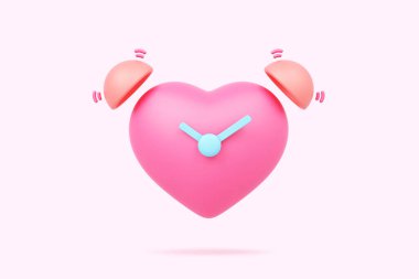 Love heart alarm clock analog pink time for anniversary reminder relationship couple young romance valentine marriage or birthday plan timetable festival holiday. clipping path. 3D Illustration.