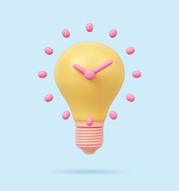 Ampul fikri zamanı gelecek saat analog alarm sarı pastel çocuk nesnesi. zaman çizelgesi yönetim açılışı. Hayal gücüne ve yaratıcılığa zeka. Kesme yolu. 3B Görüntü.