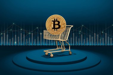 Bitcoin gold and gold cart on display podium trade money exchange chart network city dark blue background. Virtual cryptocurrency concept. Financial business and risky investments. 3D Illustration.