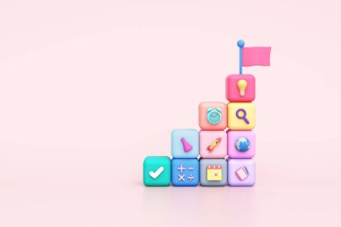 Nesne bloğu merdivenleri çocuklar temalı küçük oyuncaklar geleceğin çocuklarına pastel renkli yaratıcı eğitim okul başarısı zaman yönetimi fikri hayal gücü. Kesme yolu. 3B Görüntü.