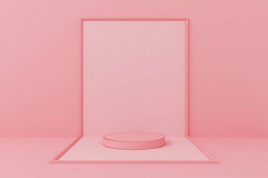 Pembe pastel kürsü vitrininde kısa yuvarlak yuvarlak ürün düşük podyum reklamı küçük tatlı kız 3D çerçeve güçlü. Uzay ürünleri moda ve kozmetik. 3B Görüntü.