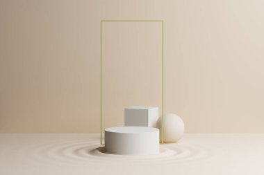 Platform beyaz silindir ve yeşil kare çerçeve açık bej arka planda ve yerde dalgalanma var. Kozmetik ürün ve moda için asgari geometrik ekran podyum reklam stüdyosu. 3B Görüntü.