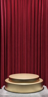 Kürsüde gösterilen ürün sadık kırmızı perde arka plan gösterisi ve ödül konsepti reklamı ticari altın. Ürünler için platform moda kozmetik cilt bakımı ve güzellik. 3B Görüntü.