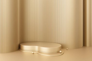 Platform product display advertising luxury elegant gold stand step slats battens interior shop minimal modern curve round backdrop scene event background props photo booth studio. 3D Illustration.