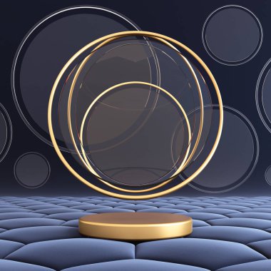 Platform ve podyum altıpatlar bal peteği şekilli zemin zemin görüntüsü altın yuvarlak daire şeklinde lüks mercek katmanları mavi çerçevede yüzüyor. Moda kozmetik ya da güzellik. 3B Görüntü.