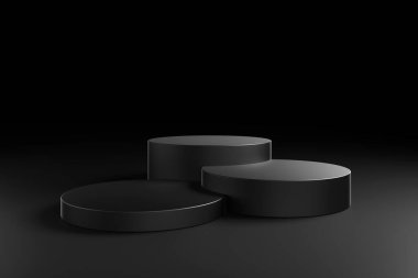 Gölge kürsüsü ürünleri, siyah ticari reklam, ışıklandırma sahnesi koyu siyah beyaz, 3 basamaklı merdiven konseptini sergiliyor. Mücevher moda kozmetik ve cilt bakım platformu. 3B Görüntü.