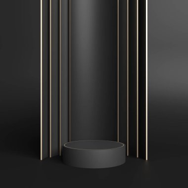 Sahne kapkara. Altın kenarlı üç katmanlı kavisli duvar. Moda kozmetik ürünleri ve mücevherler için reklam alanı. Platform karanlık konsepti. 3B illüstrasyon.
