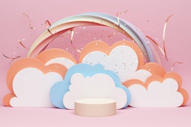 Pembe pastel ürün podyumu ya da gökkuşağı kız reklamları, bulut tabaka, tiyatro atmosferi makyaj malzemesi, kozmetik ergen konfetileri, festivalin tatlı tanıtım performansını kutluyor. 3B Görüntü.