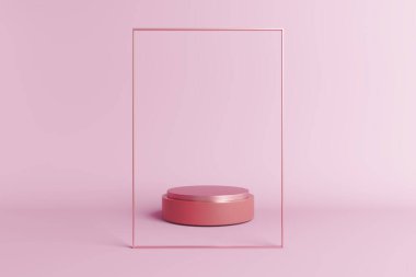 stand and display pink model frame linear thin line 3d reflective shiny surface material glamour glam catwalk pose baby pink light background poise. Space for placing products. 3D illustration.