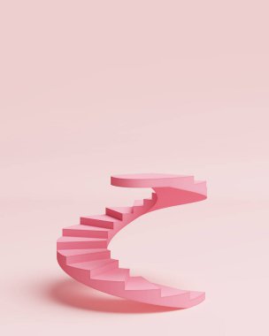 Sahne podyumu pastel arka plan. Platform şirin pembe spiral merdiven eğrisi. Ürünlerin moda kozmetik cilt bakımı için reklam alanı. kopyalama alanı. 3B illüstrasyon. 