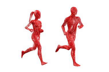 Two people woman man male female veins blood red tangled body movement running posture on white background. medical sports science of anatomy human body. Isolated with clipping path. 3D Illustration. clipart