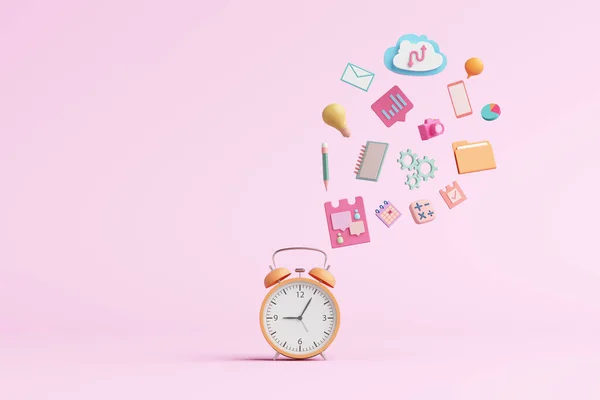 Alarm clock work timetable routine school online learning idea connect internet future study. creative imagination business and education cute kids pink pastel object. clipping path. 3D Illustration.