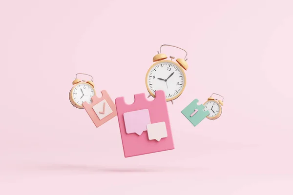 activity time fly float timeless note paper calendar number to do list daily clock alarm timetable work schedule mark tick object minimalist business education cute kids pink pastel. 3D illustration.