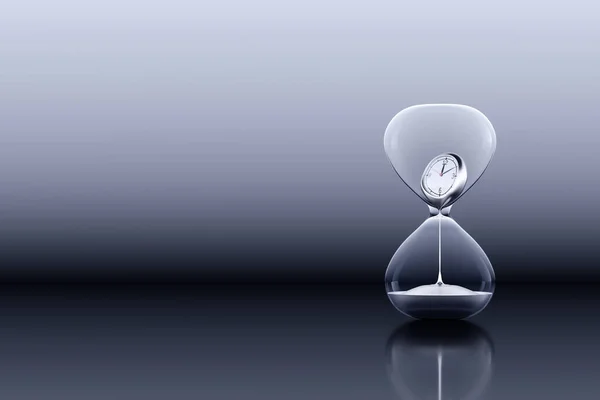 Hourglass with clock inside past present future Is dissolving into liquid Flow down when the time is running out. lifetime flowing abstract concept. Copy space. 3D Illustration.