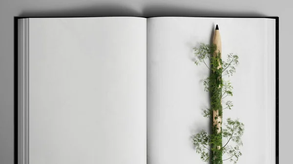 open mind imagine creative. Book white of fantasy stories. empty notebook with trees natural wooden pencil Botanical concepts, plants and green ecosystems. learning study of biology. 3D Illustration.