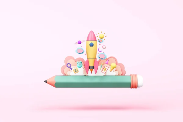 Imagination Creative Spaceship Take Pencil Cloud Kid Galaxy Space Startup — 스톡 사진