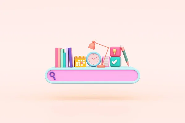 search engine internet online learning kids cute bookshelf table lamp clock light bulb pencil pastel study website children. creative education imagination or business. clipping path. 3D Illustration.