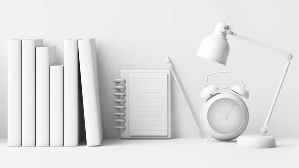 imagine creative idea working table bookshelf pencil alarm clock lamp scene book subjects math science education learning study school notebook take notes clean white minimal concept. 3D Illustration.