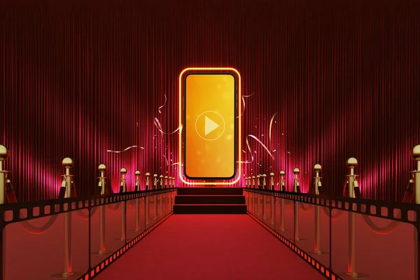 smartphone red carpet entertainment award show social concert online stair stage play light barrier festival live stream. Watching movies cinema online media. hollywood background. 3D Illustration.