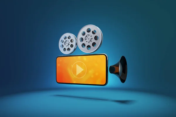 icon symbol movie camera used to film motion pictures with smartphone. Watching cinema or music entertainment media on smartphone with film strip. object and screen clipping path. 3D Illustration.