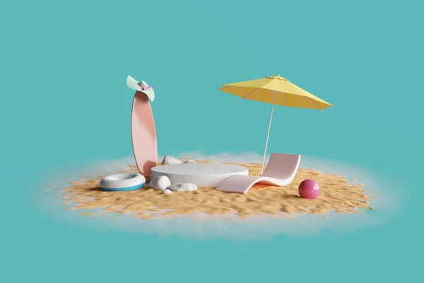 beach island vibe summer sun hot sea surf ball umbrella sun chair lifering enjoy relax vacation holiday travel display and podium product advertisement fashion cosmetics skincare. 3D illustration.