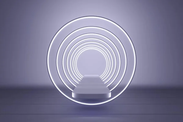 futuristic light glow circular round display product advertisement commercial catwalk runway fashion show or cosmetic concept minimal future high technology smart virtual dark blue. 3D Illustration.