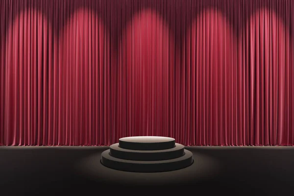 Pódio Estágio Preto Com Forma Cilindro Teatro Cortinas Musicais Vermelhas — Fotografia de Stock