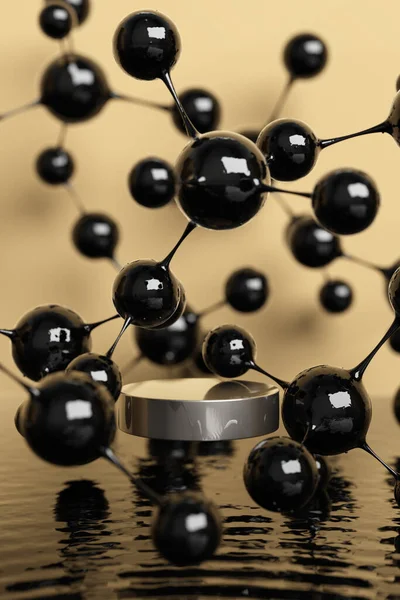 atom molecule particle black biology chemistry advertisement cosmetic science technology product display podium laboratory research experiment. Natural energy crude oil or petroleum. 3D illustration.