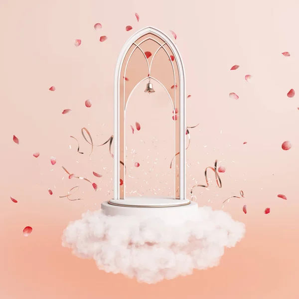wedding celebration podium stage arch bell rose gold petals rose ceremony confetti after party ring floating clouds concept gothic church luxury stand product display sweet romantic. 3D Illustration.