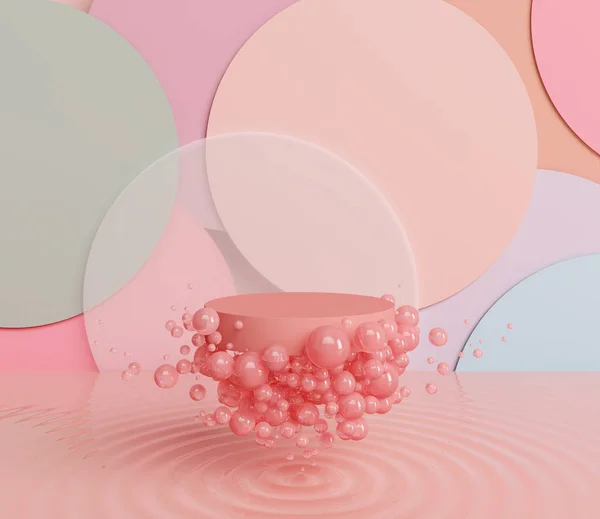platform pink bubbles foam style deco pastel ripple stand product commercial  display advertisement cute fresh concept circle background backdrop mint baby clean float for cosmetic. 3D Illustration.