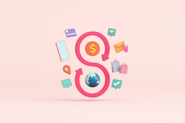 3D arrows roll around coins and globes. Shopping money world internet online credit card. Buy and sell through a smartphone application. Currency business receipt payment trade. 3D Illustration.