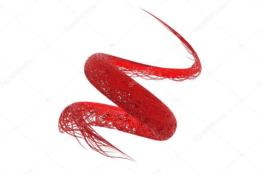 strings spiral object red blood vessel, veins, arteries, aorta kni tangled white background. medical science in lab. gene dna or vascular disease circulatory system. clipping path. 3d illustration.