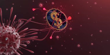 covid 19 corona virus bacteria destroy damage immune system cell destroys lungs heart. infection severe respiratory spread. The fall of economy coins money dollar cash investment. 3D Illustration.