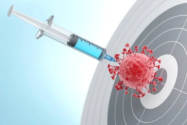 The syringe inside contains a vaccine against the virus. Stab the virus in the middle of the target. Research and development of drugs and vaccines in the medical community. 3D Illustration.