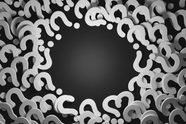 Question mark symbol 3d white confuse around random scattered black background. 3d illustration. Brainstorm resolve confusion Find the unknown or playing a question and answer game. 3D Illustration.