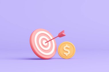 circle archery target or bullseye and finance money coins dollar economy investment stock market business successful winner commerce management target aiming darts. clipping path. 3D Illustration.