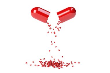 Red pills capsule with small red hearts inside pouring out on white background. Pharmacy and dietary supplements along with vitamin pills health of body. Isolated with clipping path. 3D Illustration.