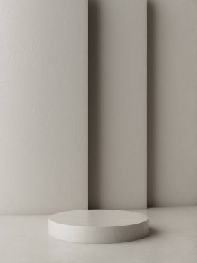 Stage podium stand background. Cream colored concrete as an overlay backdrop. The black shadow hits the back. Advertising display space for placing products fashion cosmetics and art. 3D illustration.