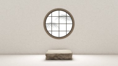 Product display podium zen minimal concept window tea room stone rough shadow Japanese paper concrete white chashitsu meditation quiet peace. platform fashion cosmetics or skincare. 3D Illustration.