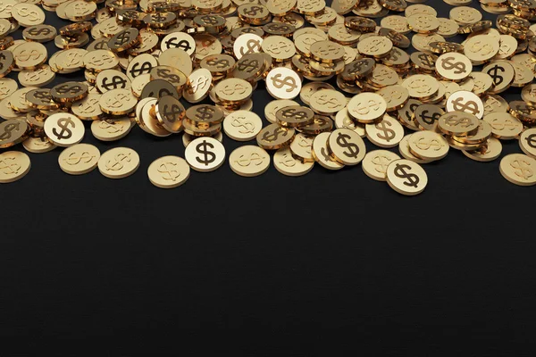 Lay Ground Money Gold 24K Coins Dollar Scattered Floor Black — Stock Photo, Image