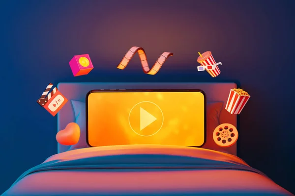 Watching Movies Cinema Online Entertainment Media Smartphone Popcorn Film Strip — Stockfoto