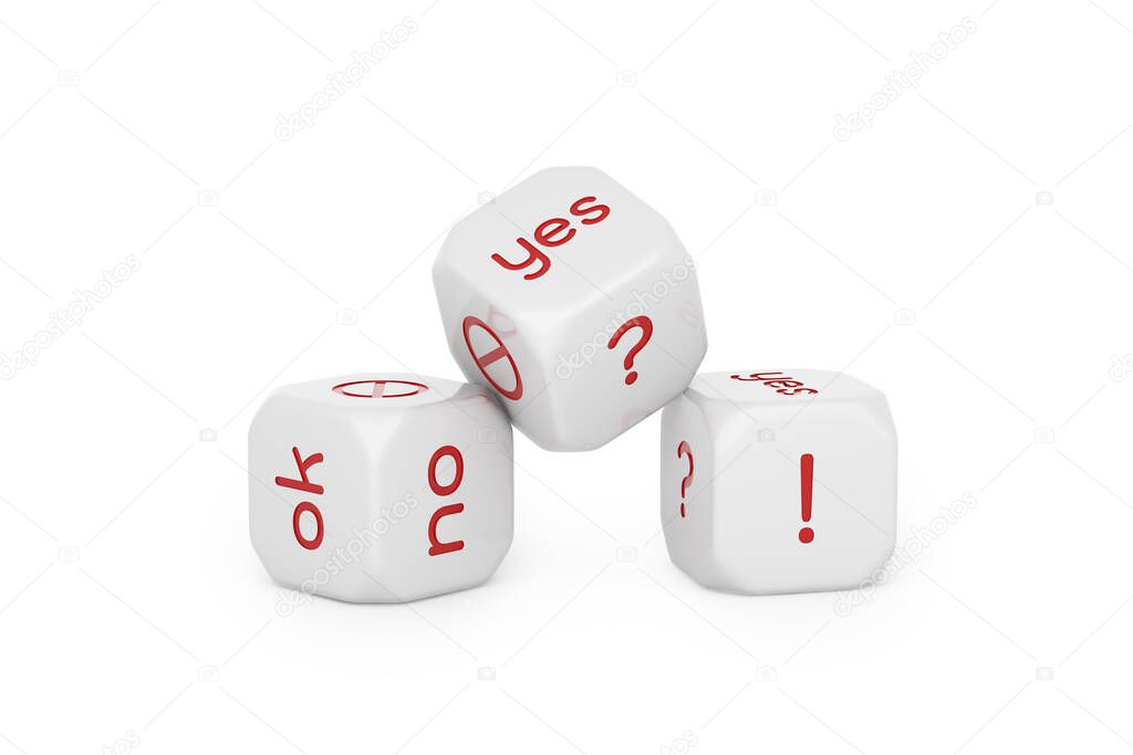 3 white dices with red color words signs is yes no OK ! ? on white background. Gambling ignorance and confusion risky investment business success idea. Isolated with clipping path. 3D Illustration.