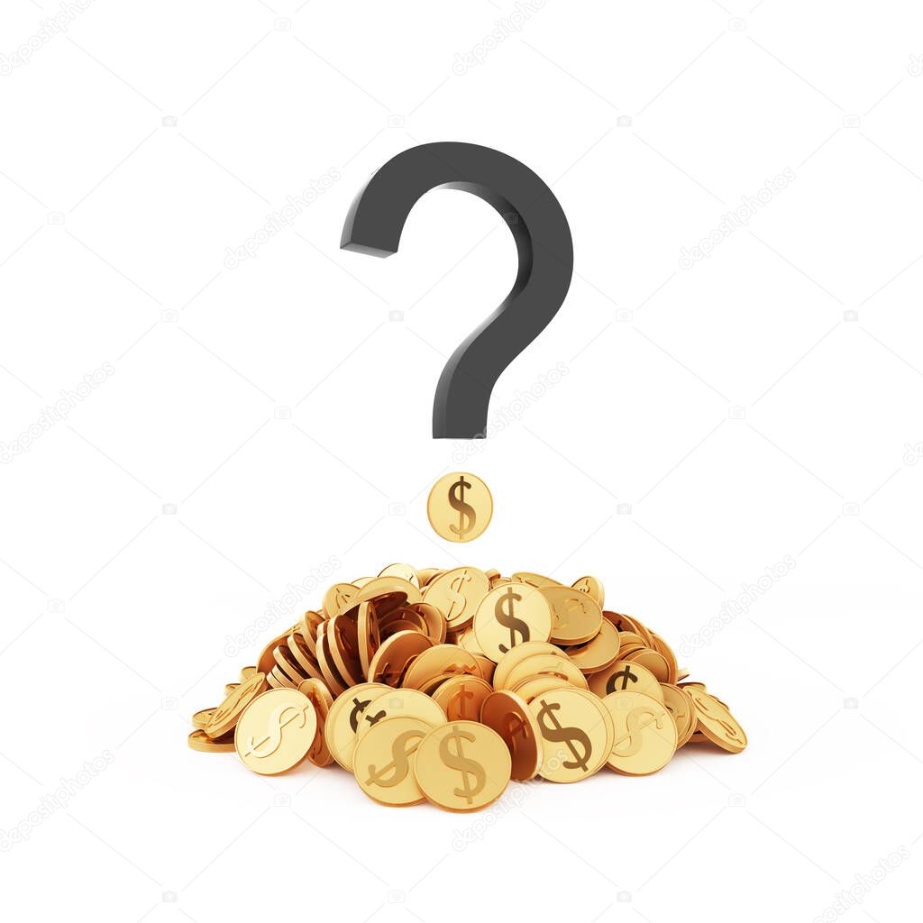 Question mark 3d black. Below is a pile of gold coins. Concepts of financial marketing and exchange. Strategic concepts in investment economy and business. object with clipping path. 3D Illustration.