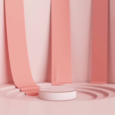 Stage podium stand pink pastel stair step. The back has a pink fabric draped across the curved wall fitting room concept. advertising display for products fashion cosmetics skincare. 3D illustration.