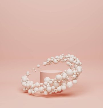 stage stand pink pastel round circle. Surrounded by small and large spheres arranged in a molecule or pearl precious. beauty podium advertisement for cosmetic skin care and fashion. 3D Illustration.