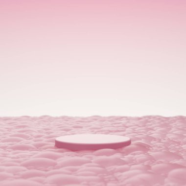 Stage podium pink bubbles float clean washing baby concept pastel detergent shampoo soap liquid bath stand product display. platform placing products fashion cosmetics skincare. 3D illustration.